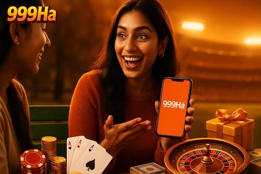 999Ha App — a young Pakistani woman showing her phone screen excitedly to a friend while sitting on a park bench