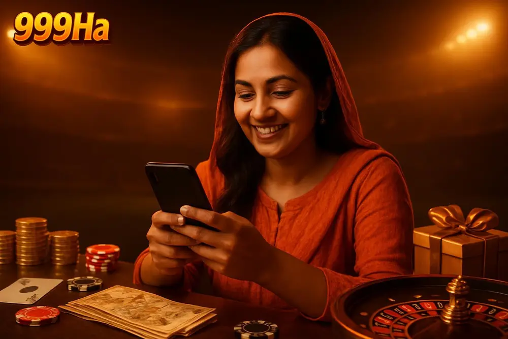 999Ha Deposit — a Pakistani woman smiling while completing a mobile payment transaction with currency notes visible