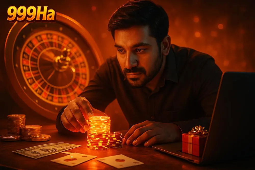 999Ha Games — a Pakistani man leaning over a table stacked with glowing chips as a spinning wheel lights up behind him