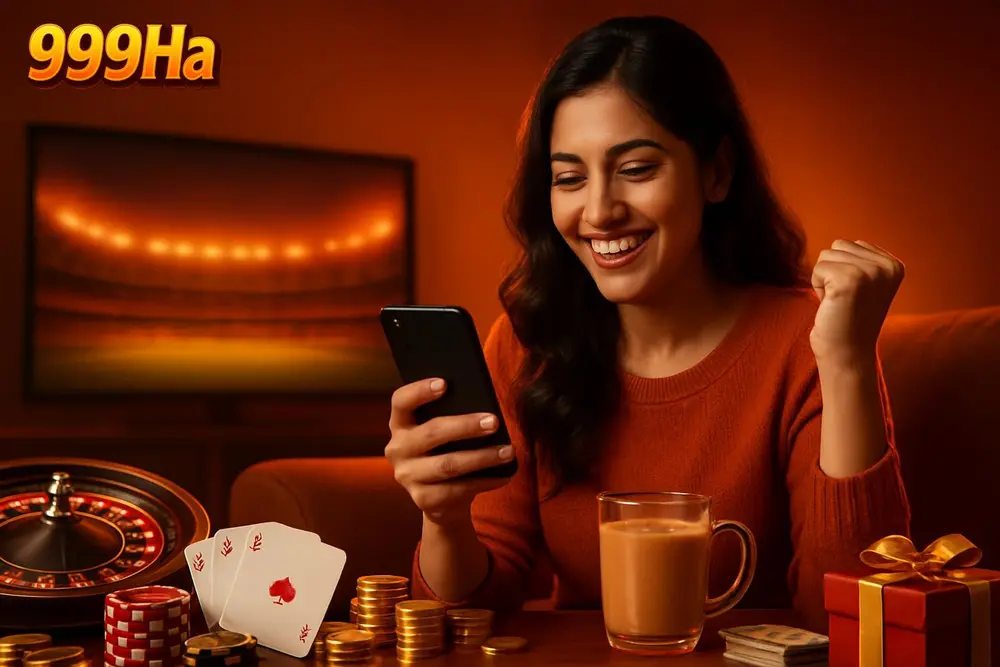 999Ha Pakistan — a Pakistani woman sitting comfortably at home celebrating as she looks at her mobile phone with a