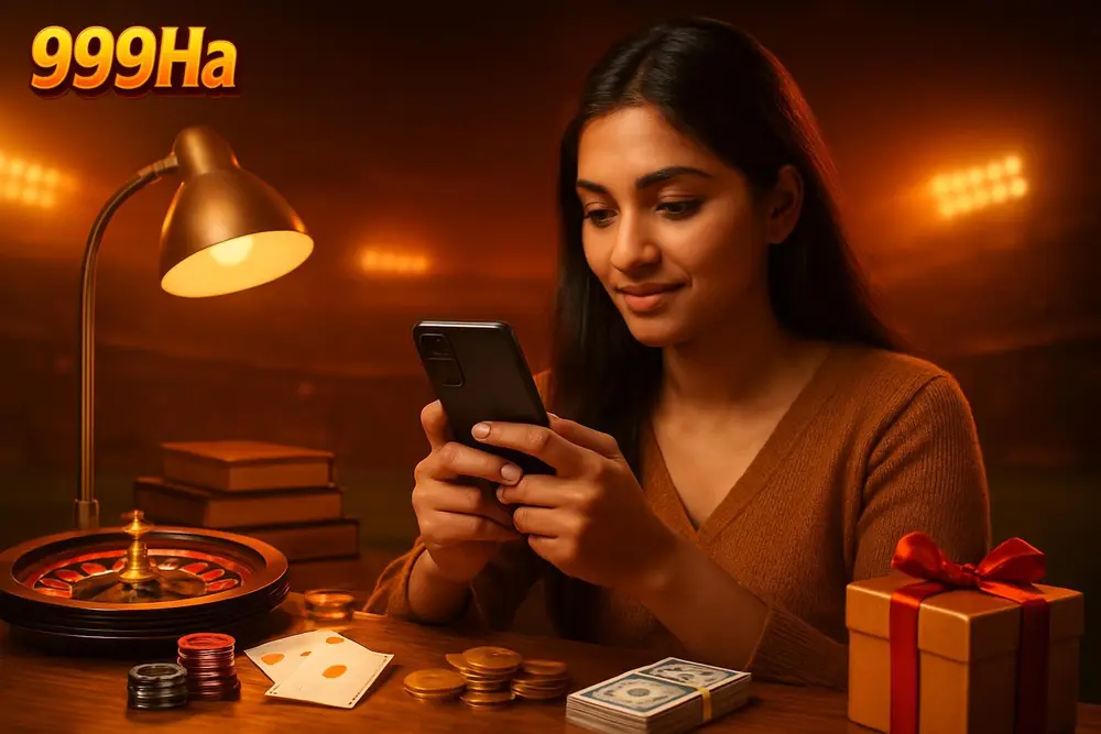 999Ha Login — a young Pakistani woman securely unlocking her phone screen at a study table with books and a lamp nearby