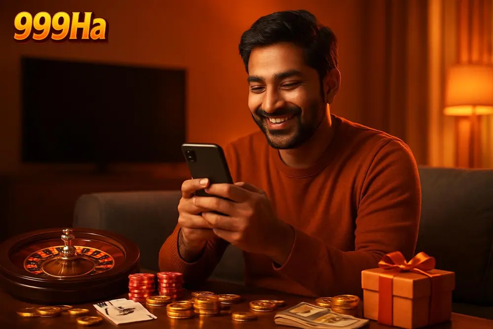 999Ha Register — a Pakistani man smiling as he completes a sign-up form on his phone while relaxing on a sofa at home