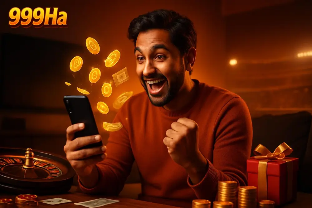 999Ha Withdraw — a Pakistani man celebrating at home as glowing coins and banknotes appear around his mobile phone